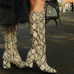New Python Snake Pointed Toe Below Knee High Boot Chunky Block Heel Faux Leather